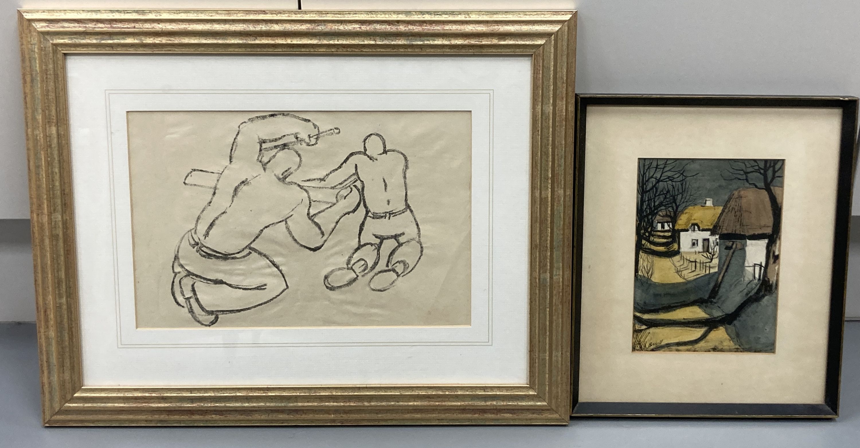 George William Bissell (1896-1973), woodblock, Miners, 19 x 29cm and an ink and watercolour, Hampshire lane, signed, 18 x 13cm